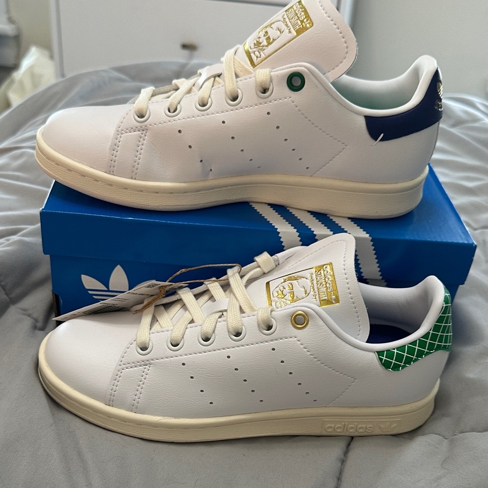 adidas White Sneakers with Green Accent and Navy Heel Tab Stan the Man